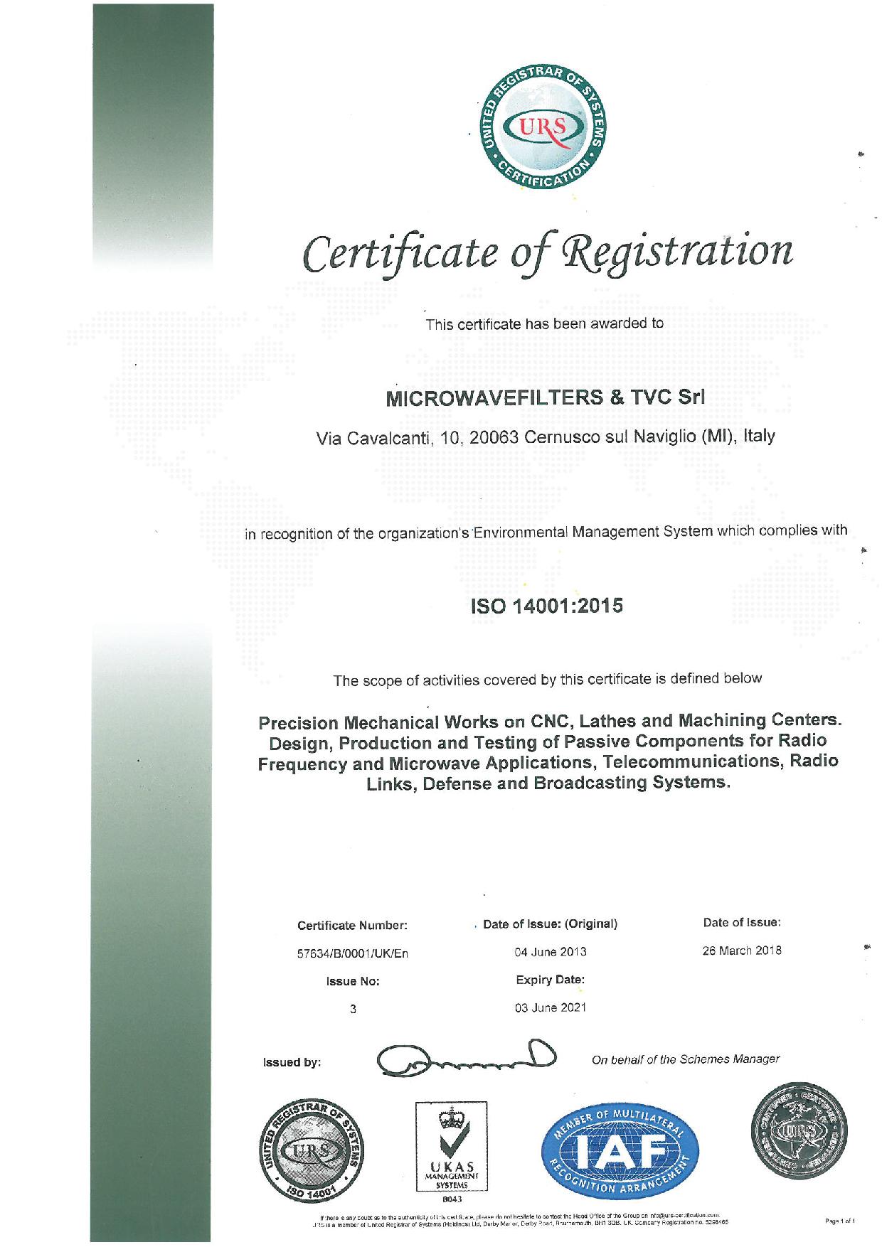 English Certificate ISO 14001